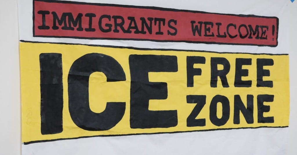 Ice Free Zone banner on display at the Georgia Latino Alliance for Human Rights and People's Campaign to Stop Cop City Deportation Defense Class event on Wednesday, Dec. 18, 2024. (John Arthur Brown)