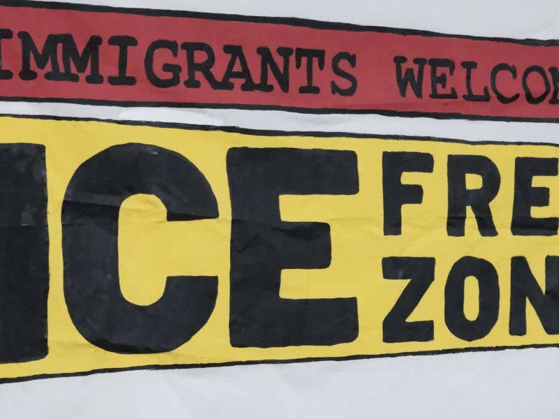 Ice Free Zone banner on display at the Georgia Latino Alliance for Human Rights and People's Campaign to Stop Cop City Deportation Defense Class event on Wednesday, Dec. 18, 2024. (John Arthur Brown)
