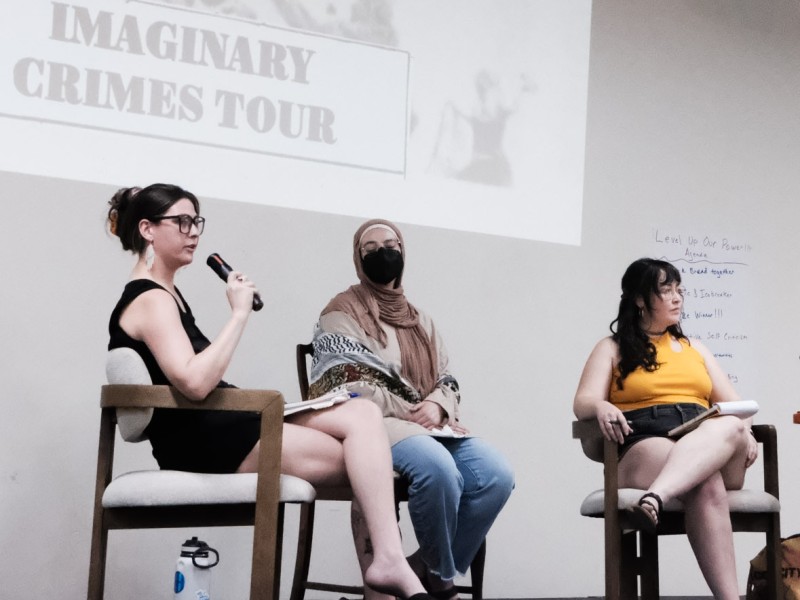 Keynote panelists Savannah Paterson (left) and Umaymah Mohammad (center) discuss the repression of protests during the Imaginary Crimes Tour on April 4 in Atlanta. (John Arthur Brown)