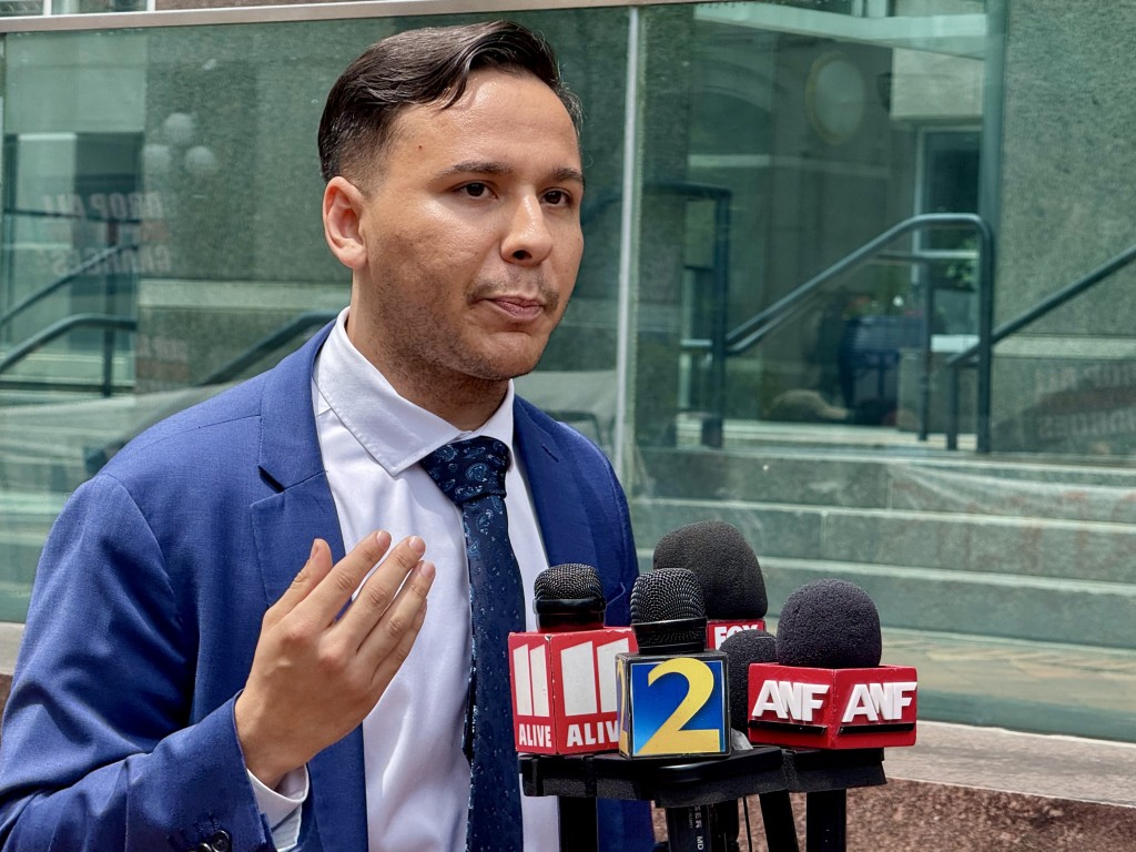 Xavier de Janon, defense attorney for one of the Stop Cop City RICO defendants, speaks during a press conference following the May 14 status hearing.